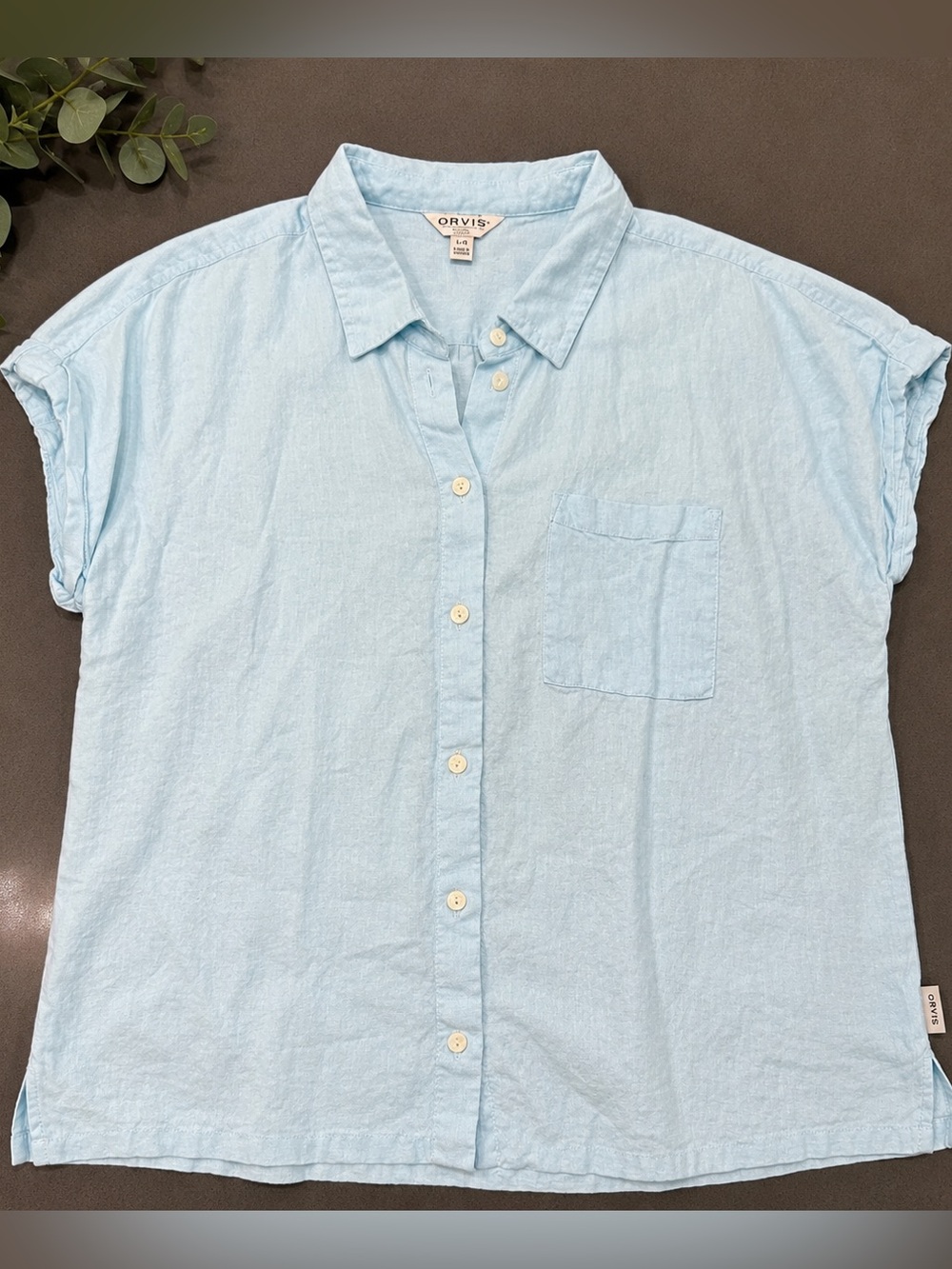 Orvis Light Blue Linen Blend Camp Shirt Roll Tab Sleeve Women’s Large